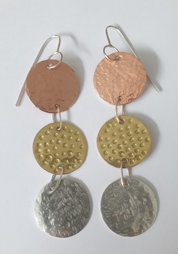 Copper, Brass and silver circle earrings