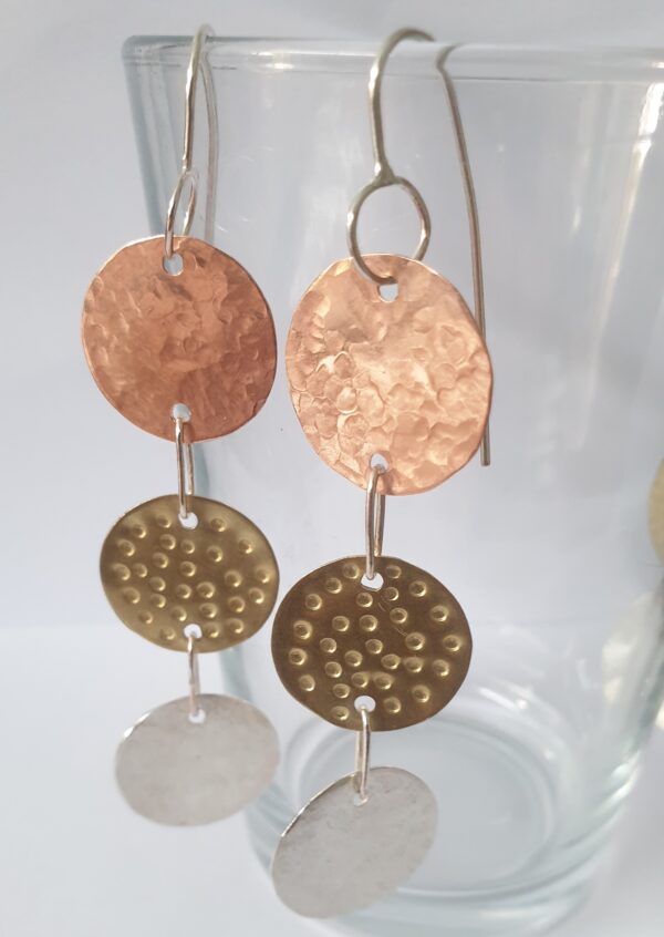 Copper brass and silver circle drop earrings