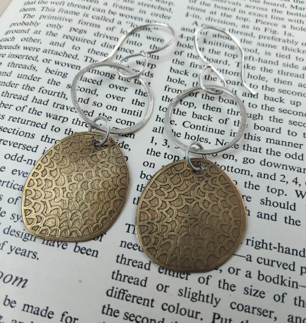 Etched brass and silver circle drop earring