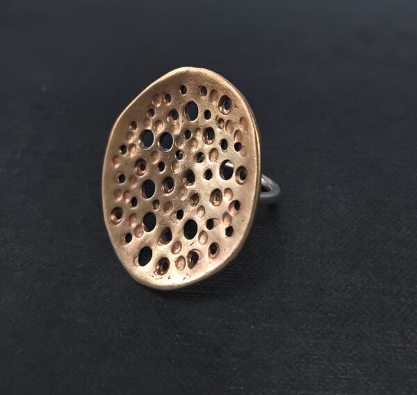 Hammered and drilled brass statement circle ring