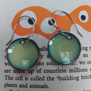 Celadon green enamelled copper dome earrings with eco silver ear hook.